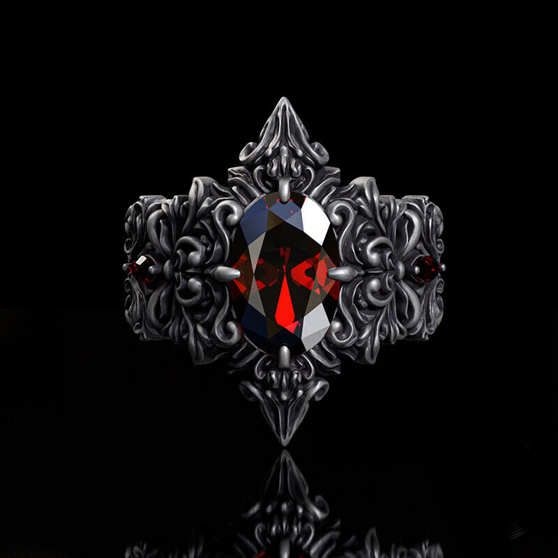 Gothic Pattern Inlaid Red Zircon Sterling Silver Ring | RoyalLuster.com