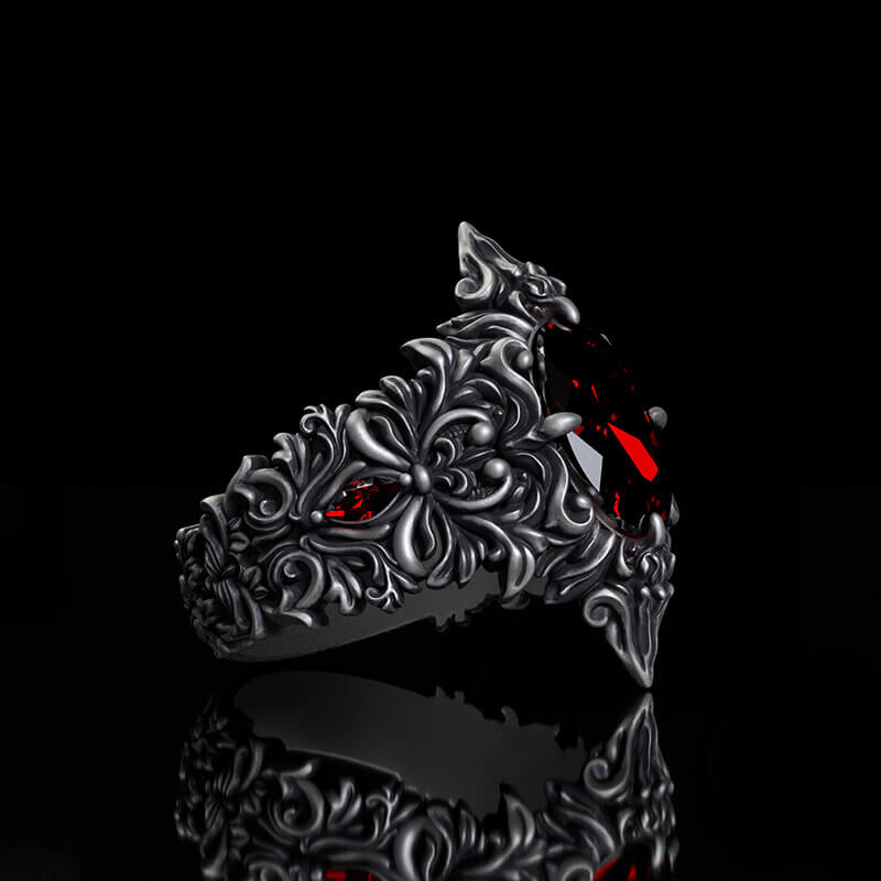 Gothic Pattern Inlaid Red Zircon Sterling Silver Ring | RoyalLuster.com