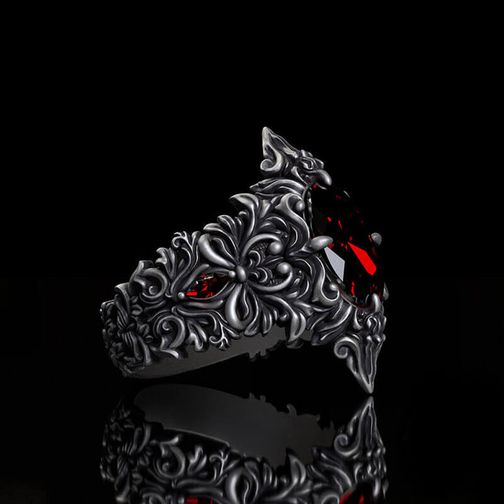 Gothic Pattern Inlaid Red Zircon Sterling Silver Ring | RoyalLuster.com