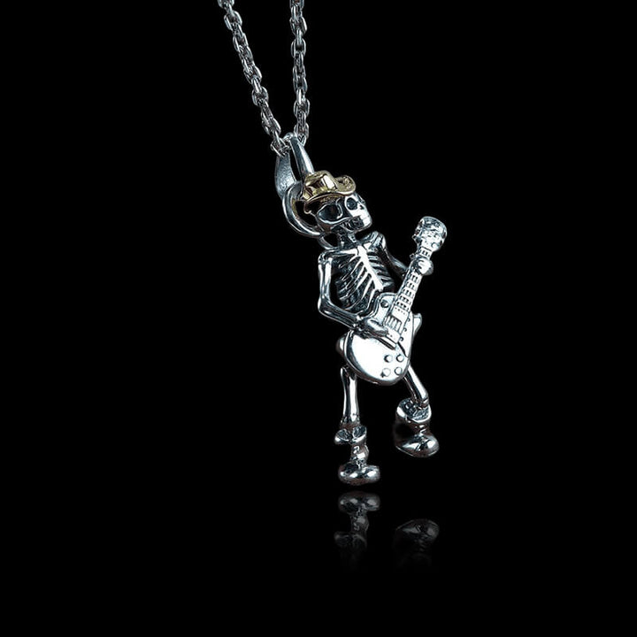 Playing Guitar 925 Sterling Silver Skull Pendant