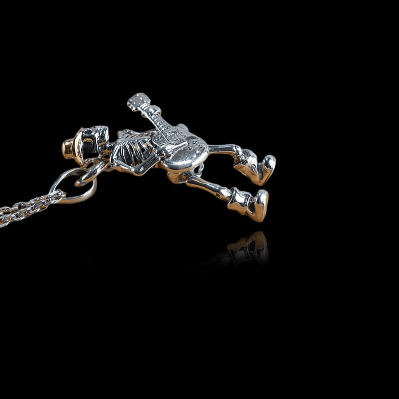 Playing Guitar 925 Sterling Silver Skull Pendant