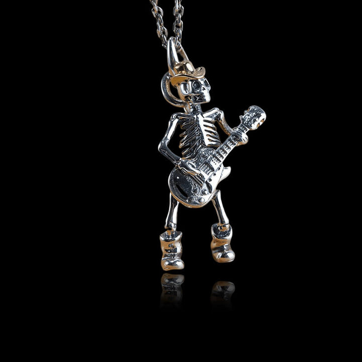 Playing Guitar 925 Sterling Silver Skull Pendant