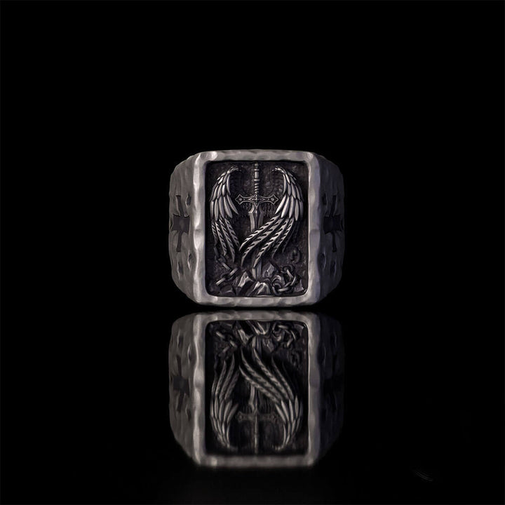 Angel Wings Sword Cross Sterling Silver Ring | RoyalLuster.com