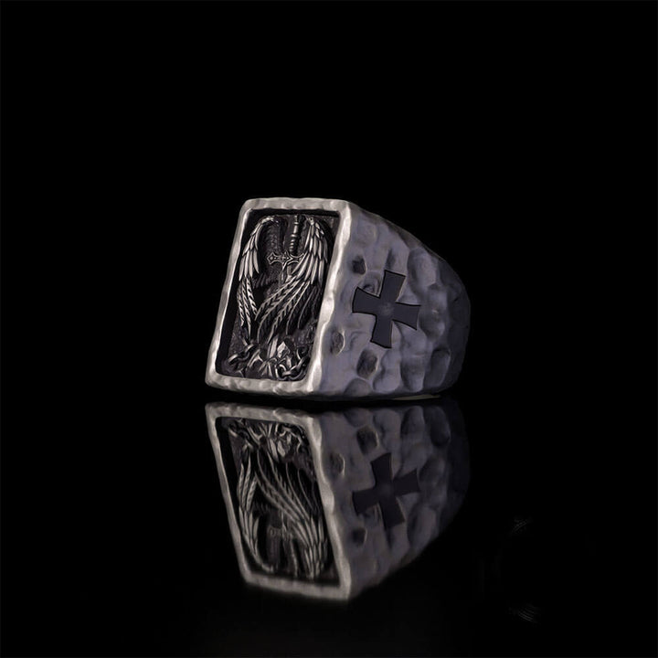 Angel Wings Sword Cross Sterling Silver Ring | RoyalLuster.com
