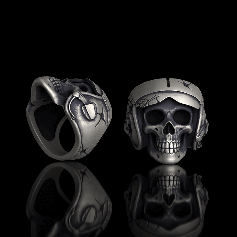 Aviator Helmet Skull Sterling Silver Ring | RoyalLuster.com