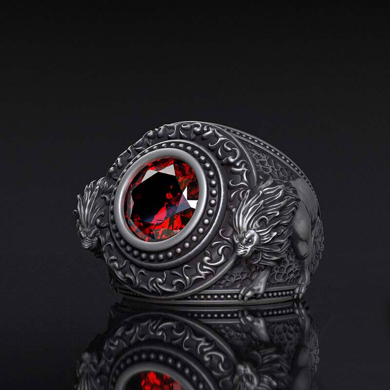 Baroque Lion Gem-set Sterling Silver Ring | RoyalLuster.com