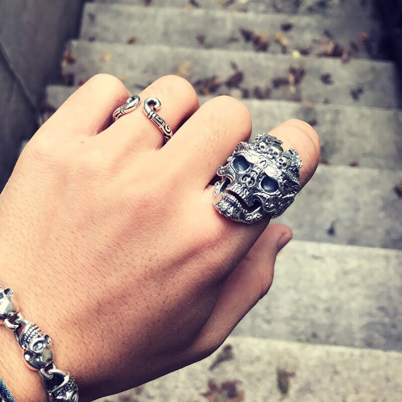Biker Rock Skull 925 Sterling Silver Open Ring 02 | RoyalLuster.com