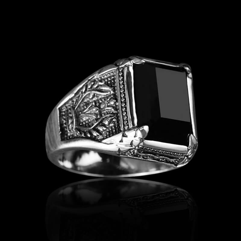 Black Gemstone Flame 925 Sterling Silver Men's Ring 01 | RoyalLuster.com