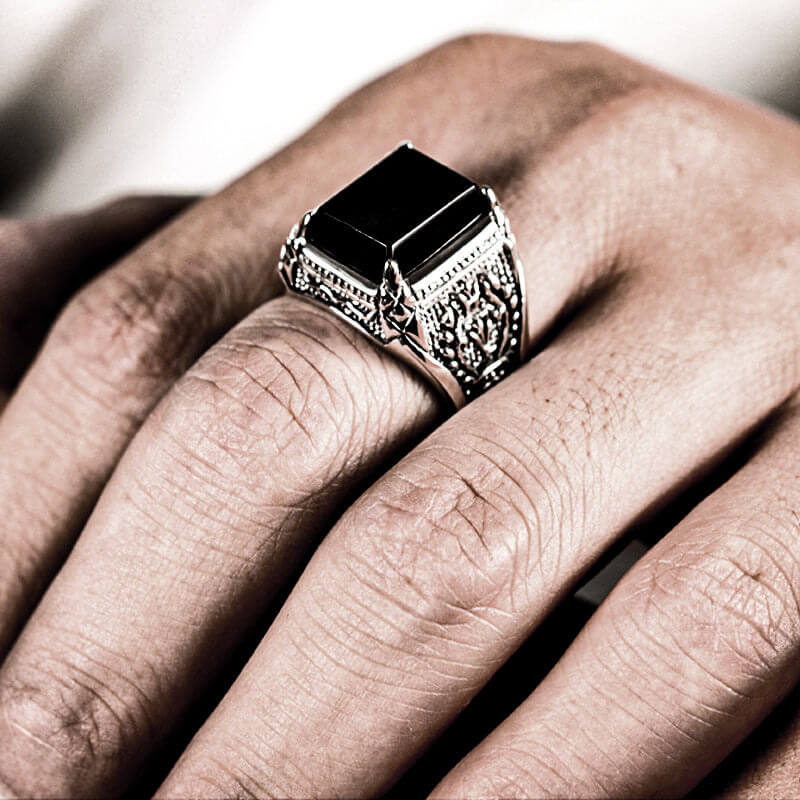 Black Gemstone Flame 925 Sterling Silver Men's Ring 02 | RoyalLuster.com