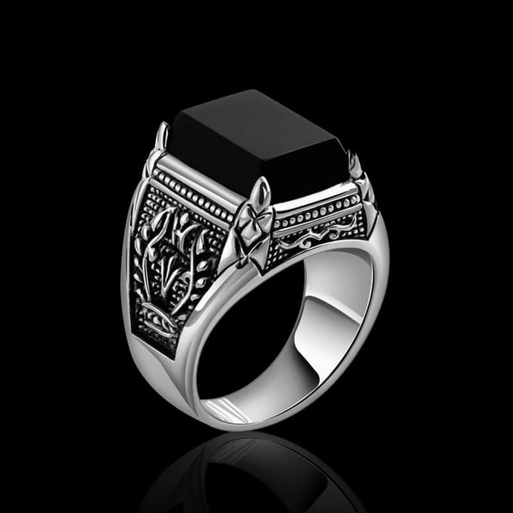 Black Gemstone Flame 925 Sterling Silver Men's Ring 03 | RoyalLuster.com