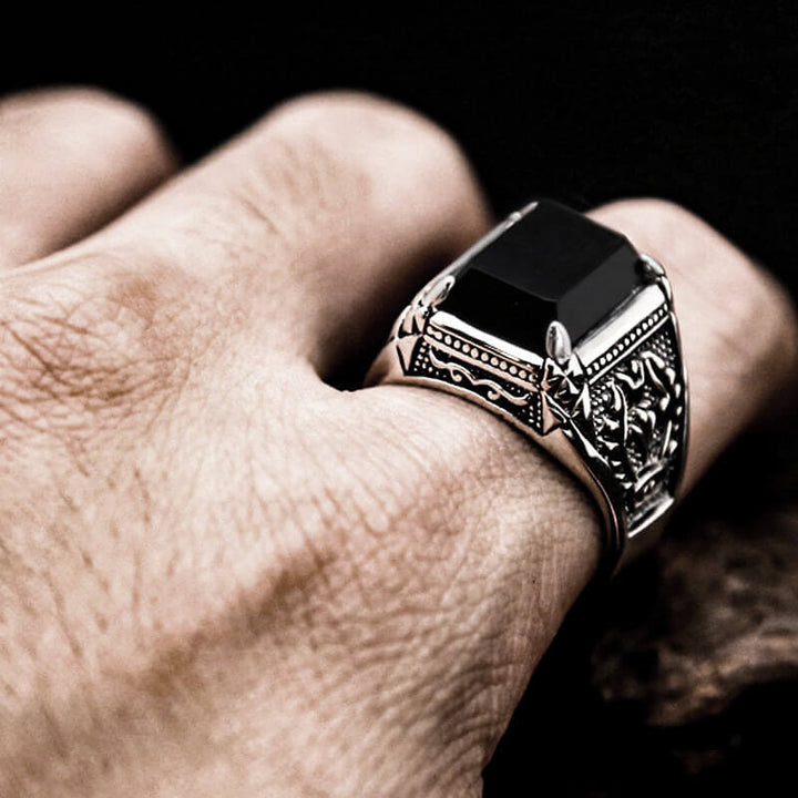 Black Gemstone Flame 925 Sterling Silver Men's Ring 04 | RoyalLuster.com