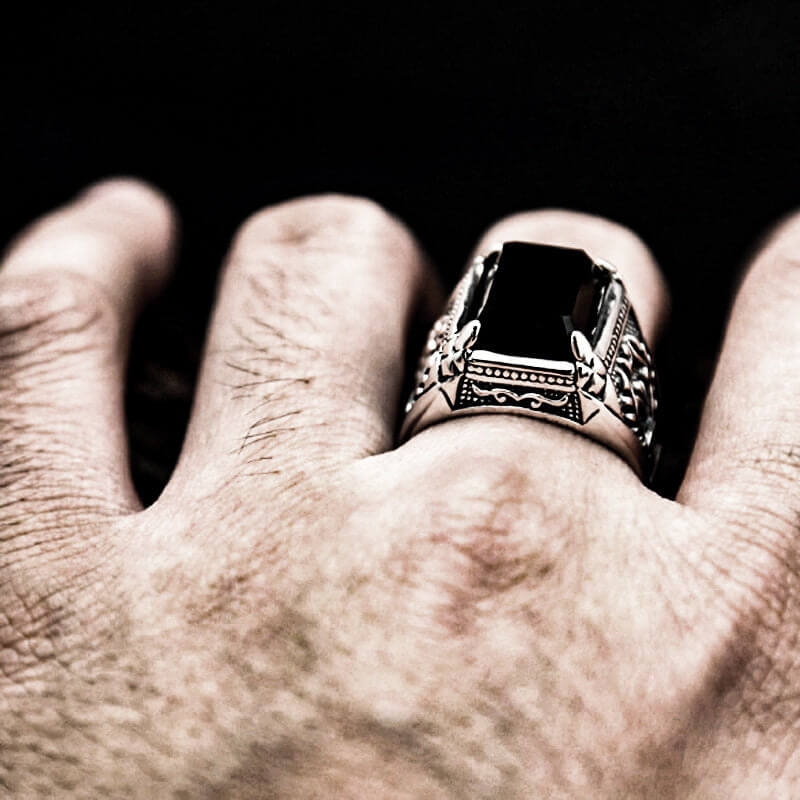 Black Gemstone Flame 925 Sterling Silver Men's Ring 05 | RoyalLuster.com