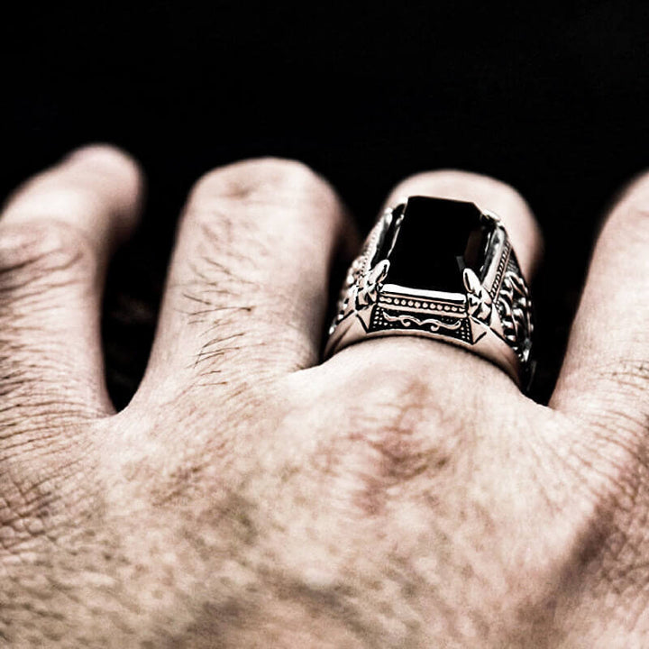 Black Gemstone Flame 925 Sterling Silver Men's Ring 05 | RoyalLuster.com