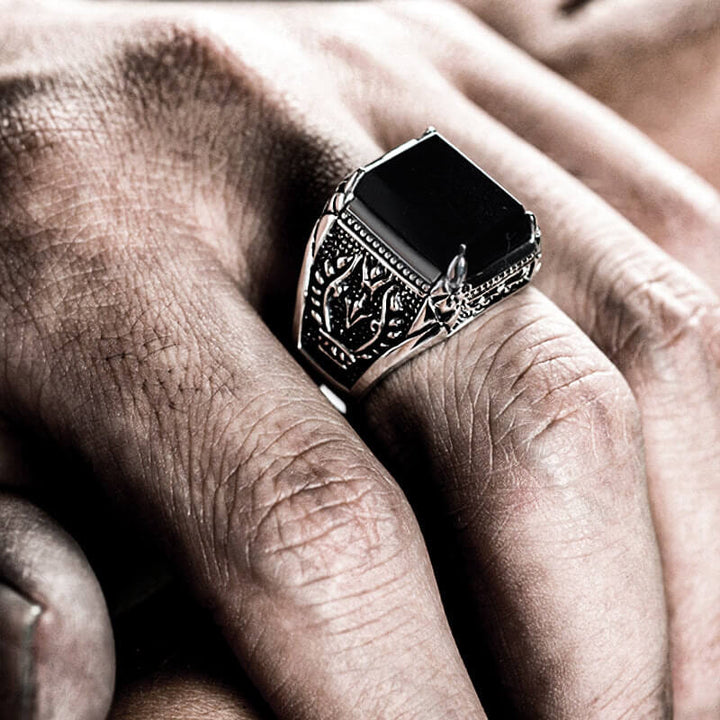 Black Gemstone Flame 925 Sterling Silver Men's Ring