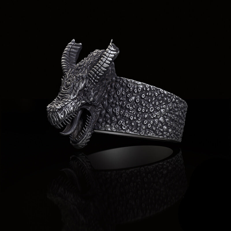 Broken Horn Ferocious Dragon Sterling Silver Ring 02 | RoyalLuster.com
