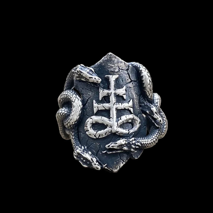 Coiled Snake Leviathan Cross Sterling Silver Ring | RoyalLuster.com