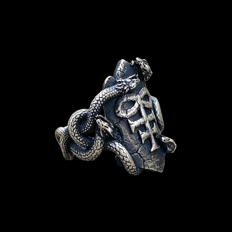Coiled Snake Leviathan Cross Sterling Silver Ring | RoyalLuster.com