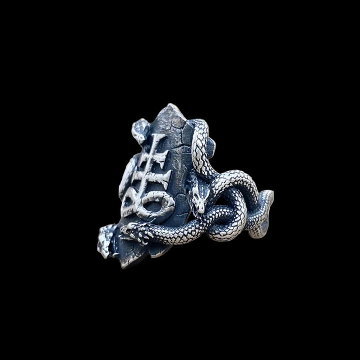 Coiled Snake Leviathan Cross Sterling Silver Ring | RoyalLuster.com