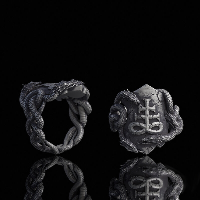 Coiled Snake Leviathan Cross Sterling Silver Ring | RoyalLuster.com