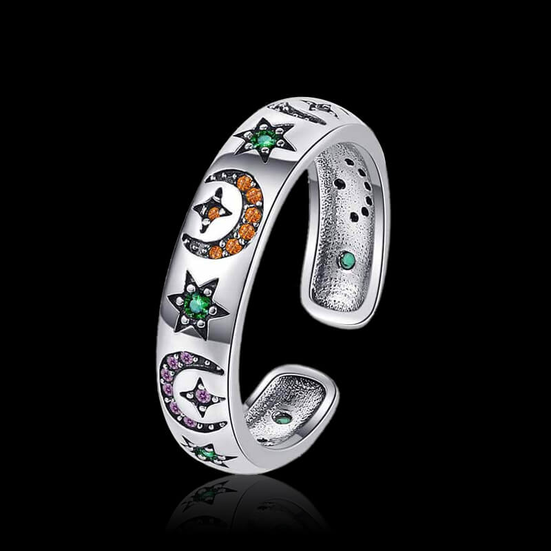 Color Zirconium Star and Moon 925 Sterling Silver Open Ring 01 | RoyalLuster.com