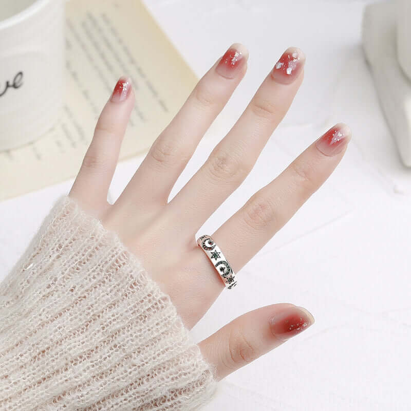 Color Zirconium Star and Moon 925 Sterling Silver Open Ring 02 | RoyalLuster.com