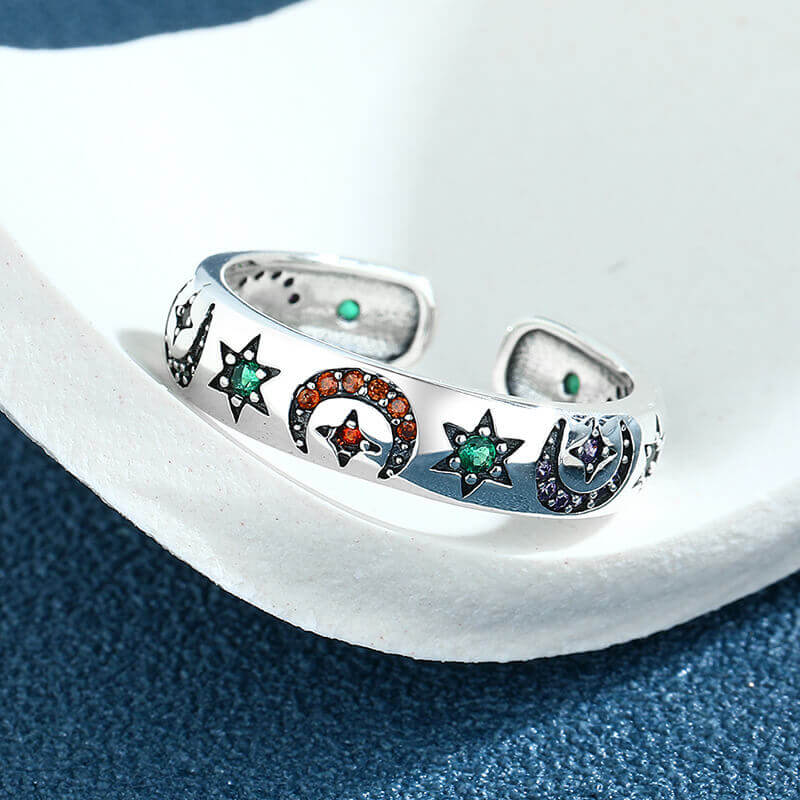 Color Zirconium Star and Moon 925 Sterling Silver Open Ring 03 | RoyalLuster.com