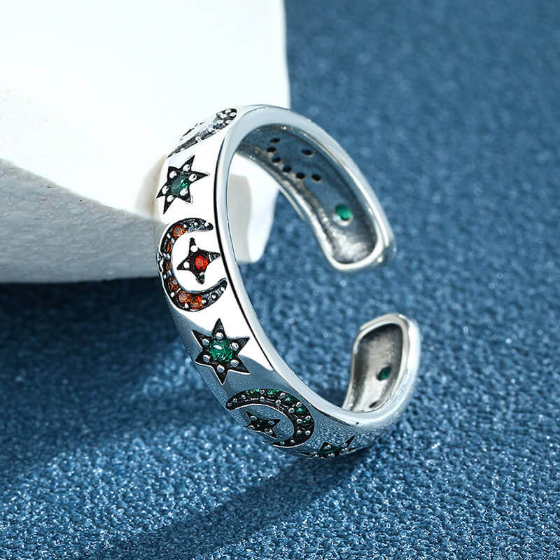 Color Zirconium Star and Moon 925 Sterling Silver Open Ring 04 | RoyalLuster.com