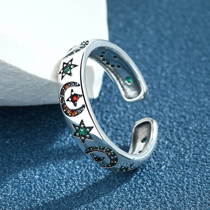 Color Zirconium Star and Moon 925 Sterling Silver Open Ring 04 | RoyalLuster.com