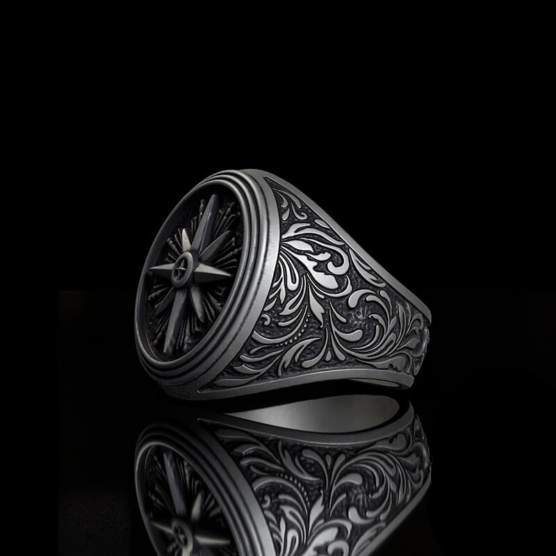 Compass Rose Signet Sterling Silver Ring | RoyalLuster.com