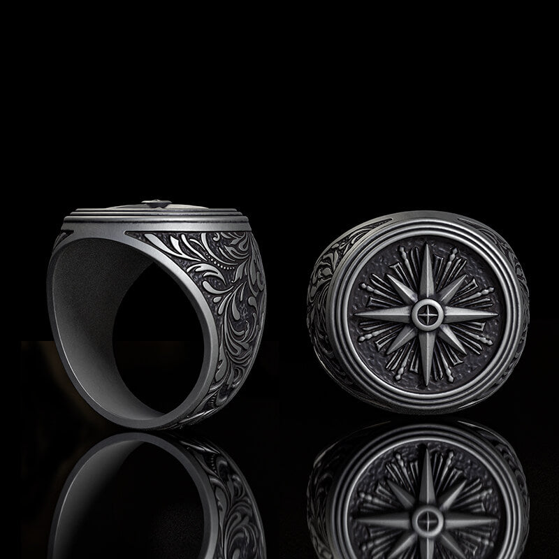 Compass Rose Signet Sterling Silver Ring | RoyalLuster.com