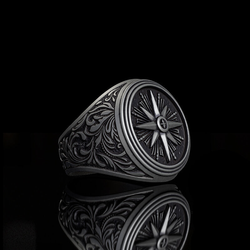 Compass Rose Signet Sterling Silver Ring | RoyalLuster.com