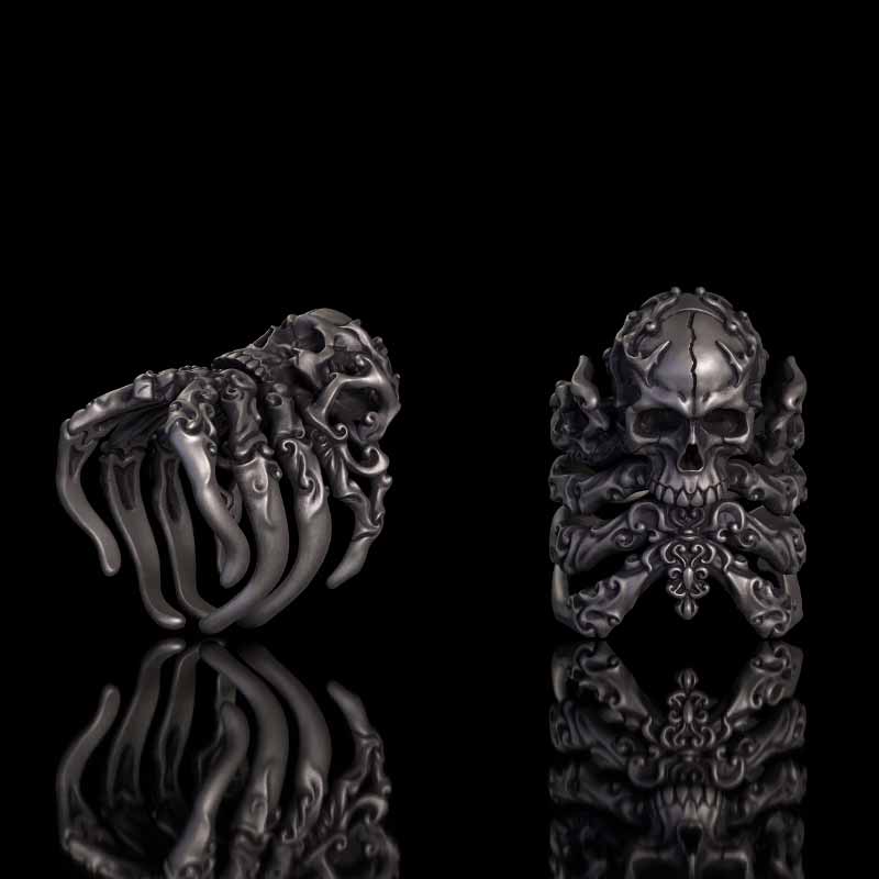 Cracked Skull Eight Tentacles Sterling Silver Gothic Ring 01 | RoyalLuster.com