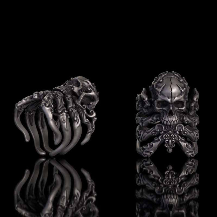 Cracked Skull Eight Tentacles Sterling Silver Gothic Ring 01 | RoyalLuster.com