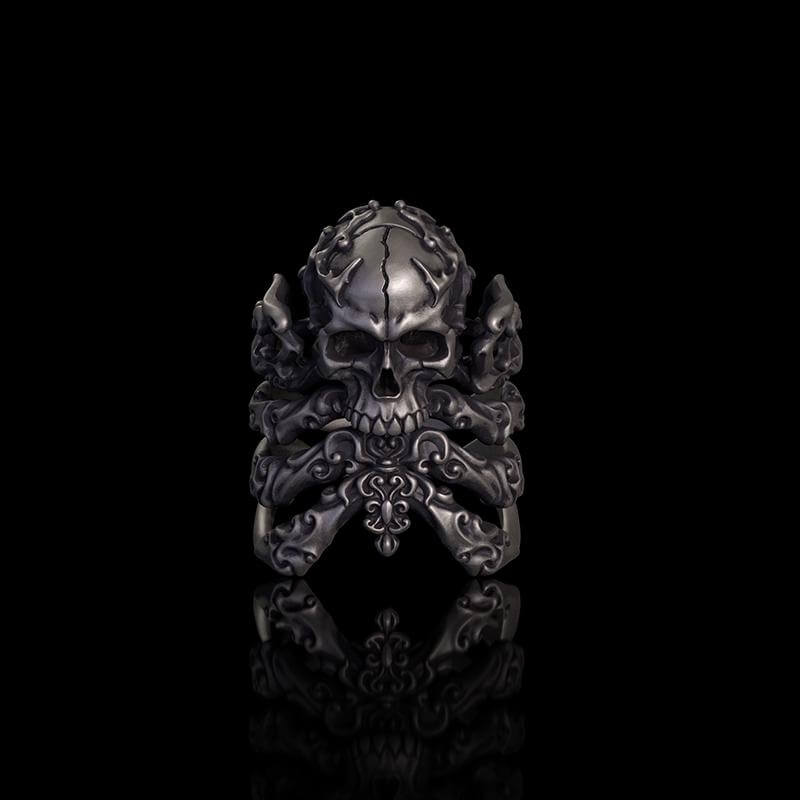 Cracked Skull Eight Tentacles Sterling Silver Gothic Ring 02 | RoyalLuster.com