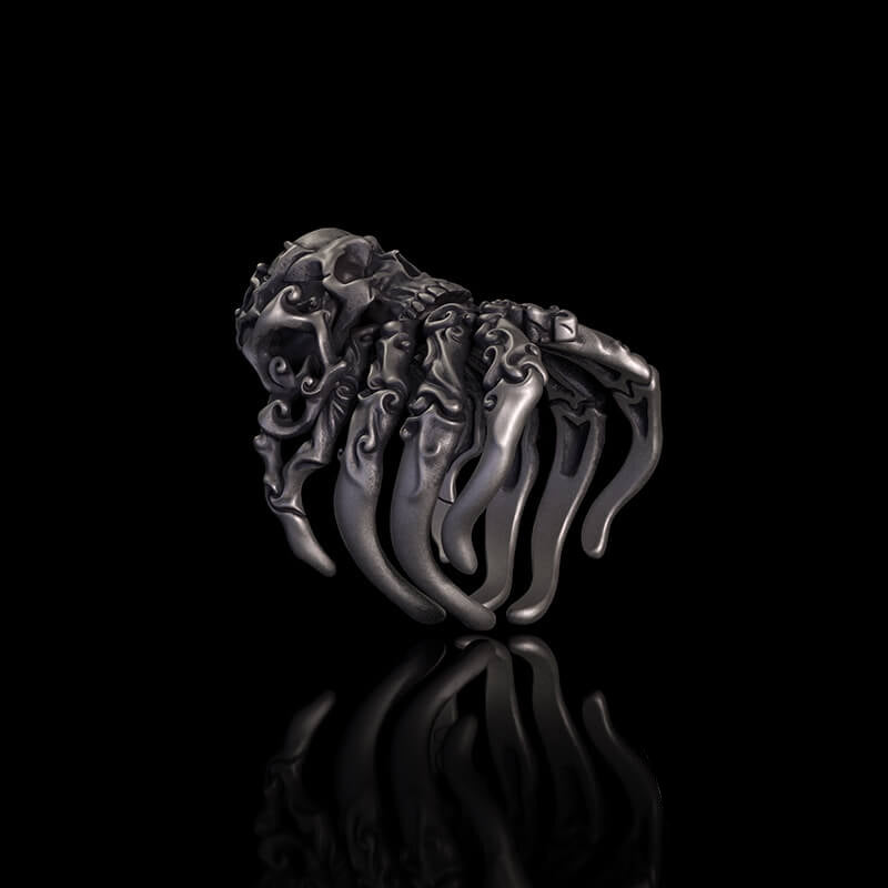 Cracked Skull Eight Tentacles Sterling Silver Gothic Ring 03 | RoyalLuster.com
