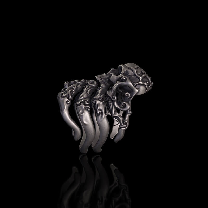 Cracked Skull Eight Tentacles Sterling Silver Gothic Ring