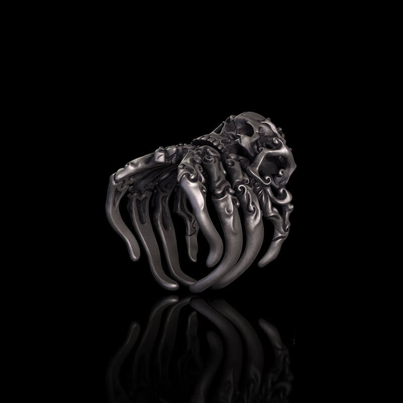 Cracked Skull Eight Tentacles Sterling Silver Gothic Ring