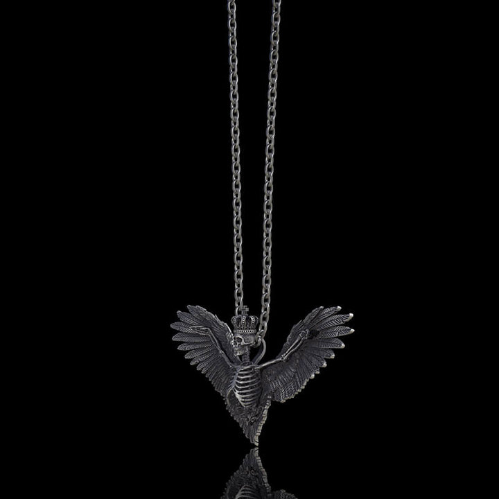 Crowned Skeleton Wings Sterling Silver Pendant | RoyalLuster.com