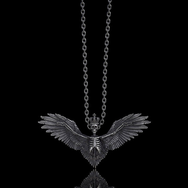 Crowned Skeleton Wings Sterling Silver Pendant | RoyalLuster.com