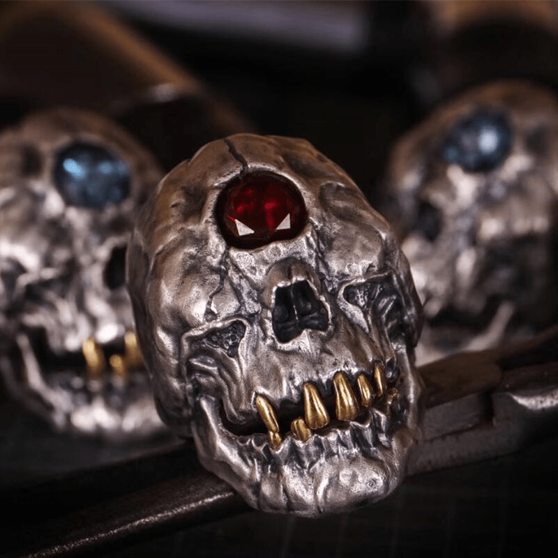 Cyclops Red Crystal 925 Sterling Silver Skull CZ Mythology Ring