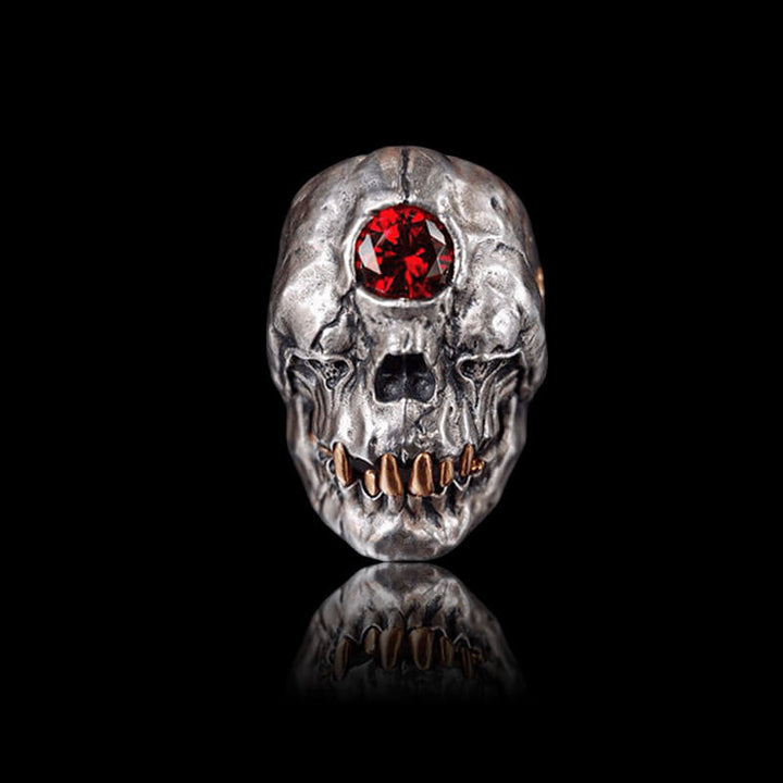 Cyclops Red Crystal 925 Sterling Silver Skull CZ Mythology Ring