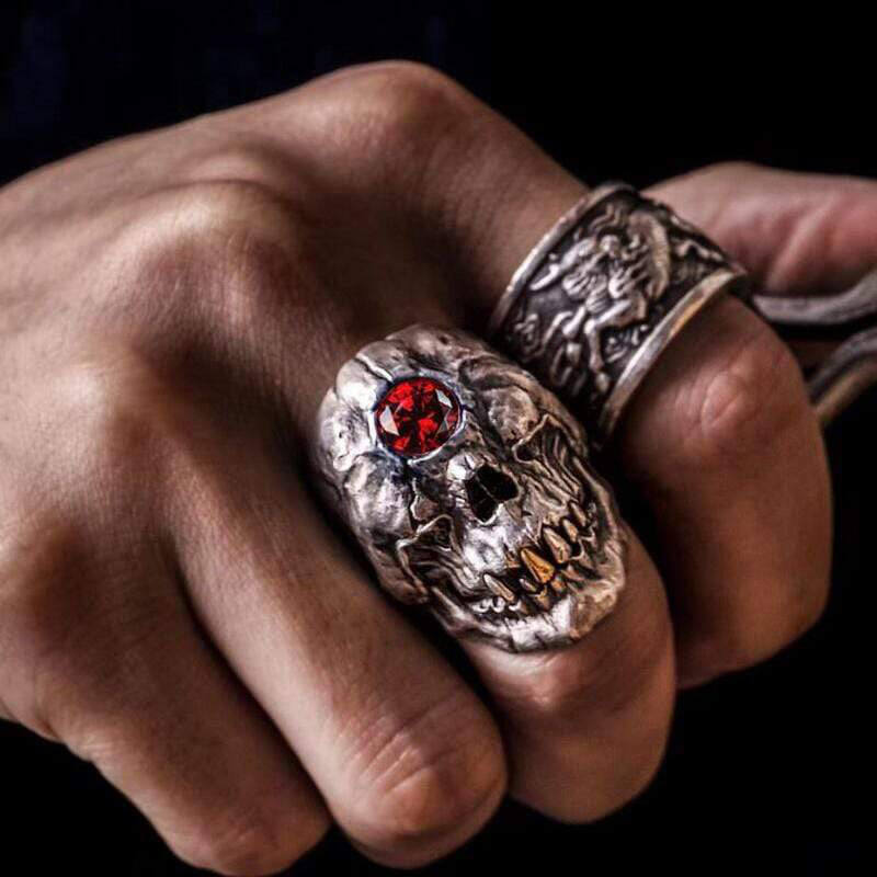 Cyclops Red Crystal 925 Sterling Silver Skull CZ Mythology Ring
