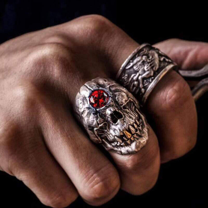 Cyclops Red Crystal 925 Sterling Silver Skull CZ Mythology Ring