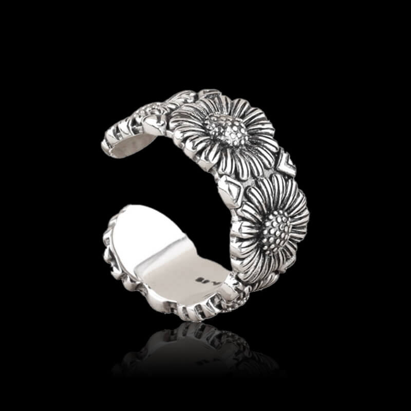 Daisy Flower 925 Sterling Silver Open Ring 01 | RoyalLuster.com