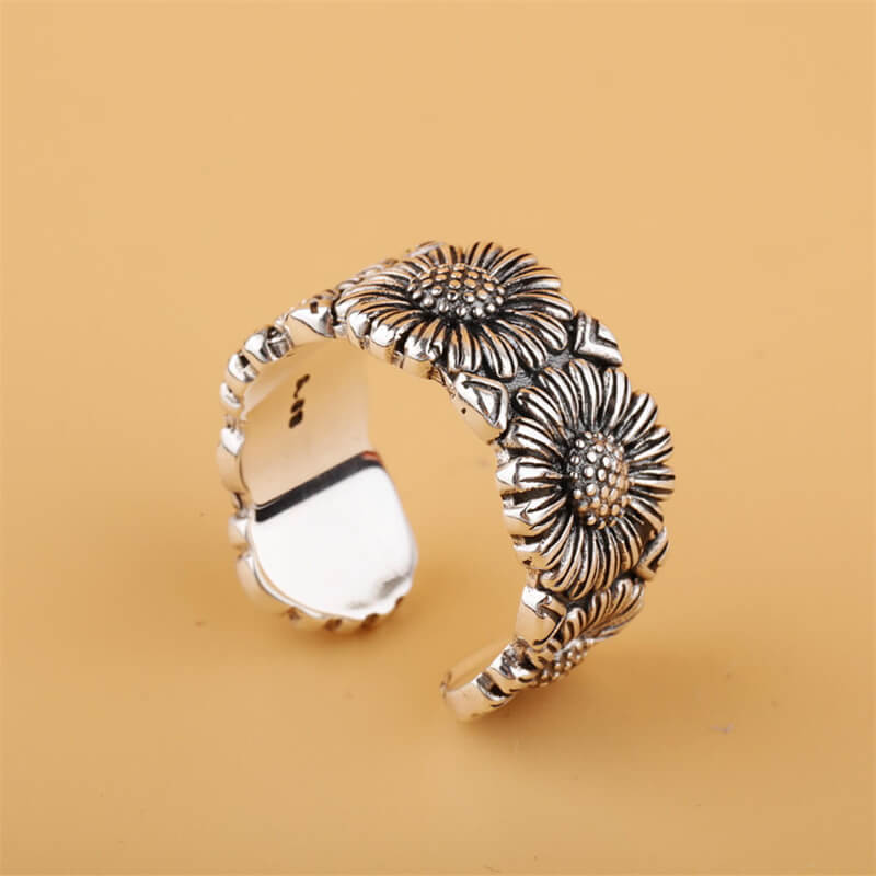 Daisy Flower 925 Sterling Silver Open Ring 02 | RoyalLuster.com