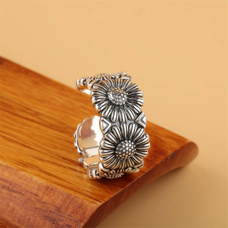 Daisy Flower 925 Sterling Silver Open Ring 05 | RoyalLuster.com