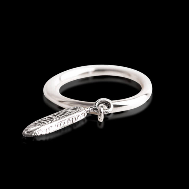 Dangle Feather Charm 925 Sterling Silver Ring 01 | RoyalLuster.com
