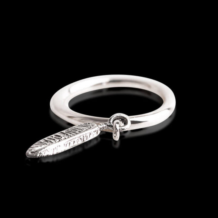 Dangle Feather Charm 925 Sterling Silver Ring 01 | RoyalLuster.com
