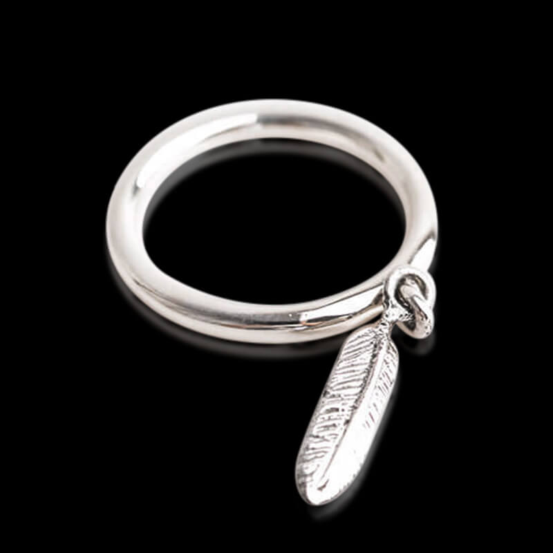 Dangle Feather Charm 925 Sterling Silver Ring 02 | RoyalLuster.com