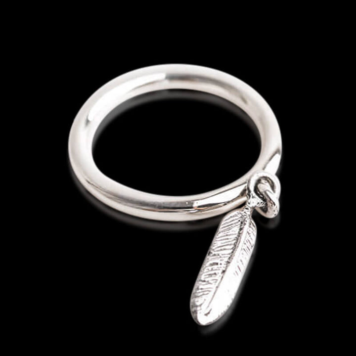 Dangle Feather Charm 925 Sterling Silver Ring 02 | RoyalLuster.com